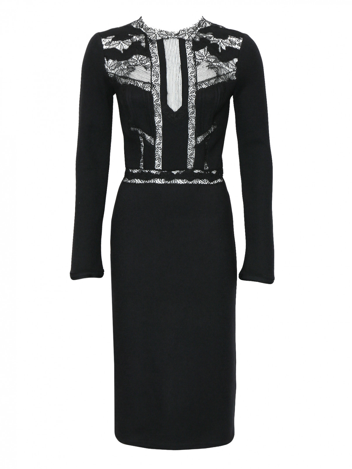 Платье из шерсти и шелка с кружевной отделкой Ermanno Scervino  –  Общий вид  – Цвет:  Черный