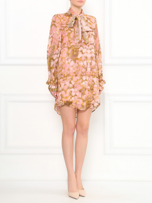 Мини платье-рубашка с бантом и цветочным узором MC Alexander McQueen - Модель Общий вид