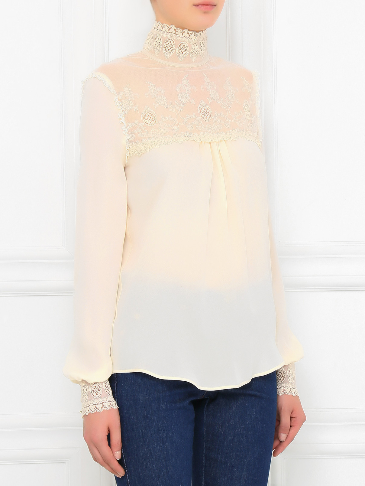Блуза из шелка с кружевной вставкой Veronique Branquinho  –  Модель Верх-Низ  – Цвет:  Белый