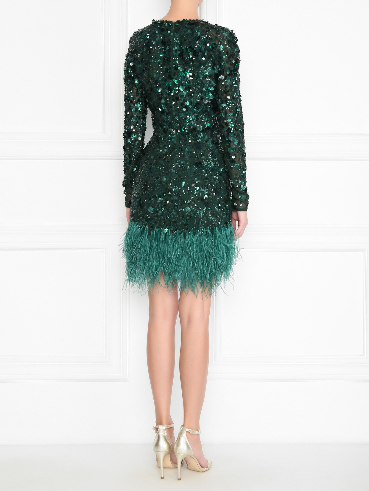Платье декорированное пайетками и перьями Jenny Packham  –  МодельВерхНиз1  – Цвет:  Зеленый