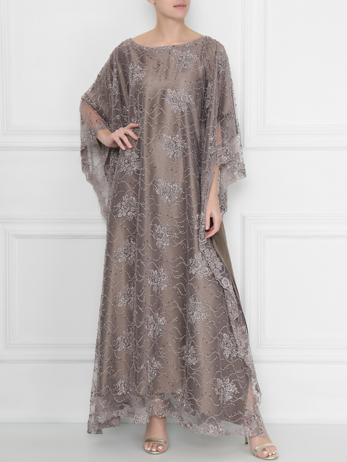 платье-макси  из сетки с вышивкой бисером Daniela de Souza  –  МодельОбщийВид  – Цвет:  Серый