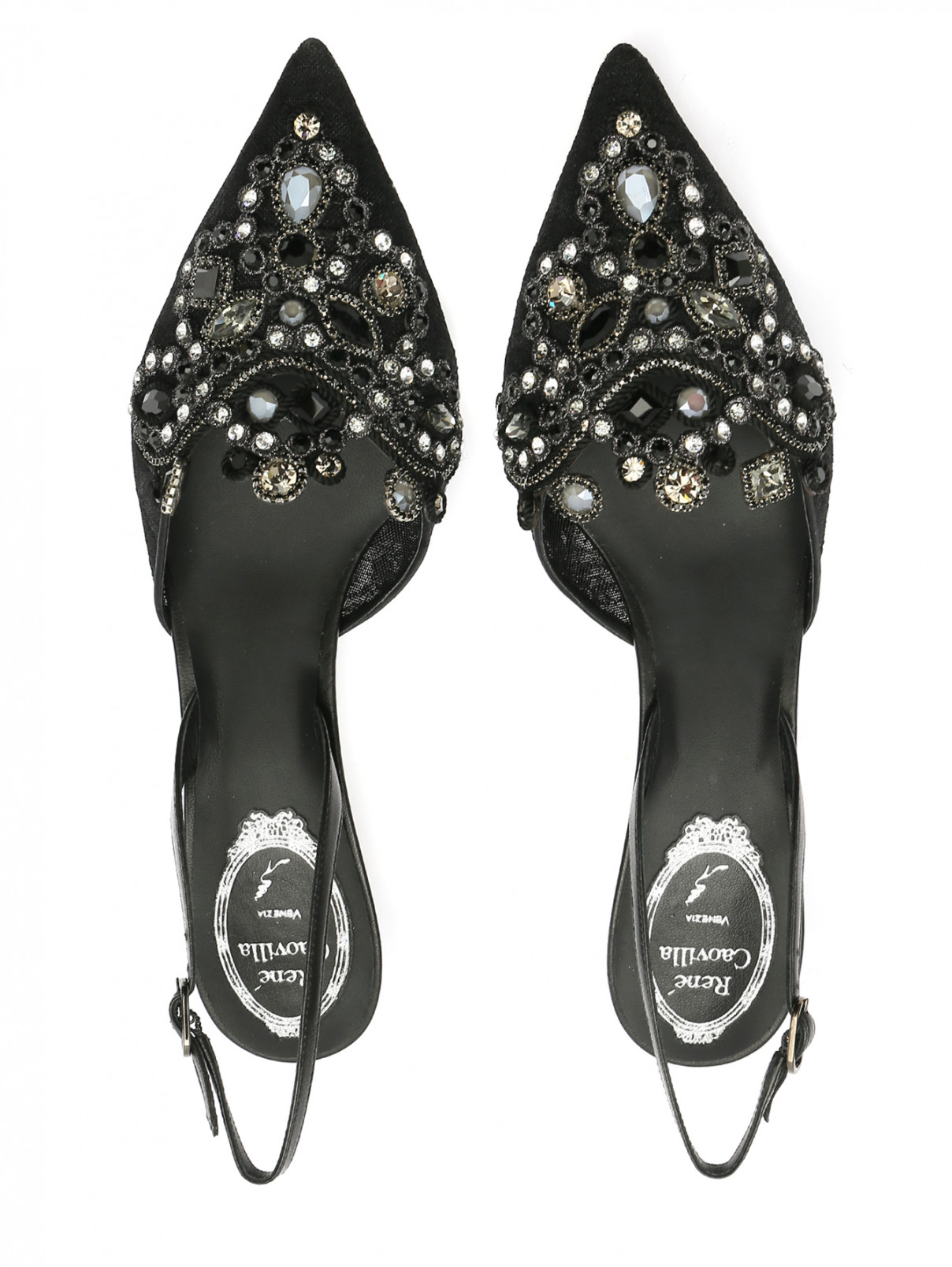Туфли с открытой пяткой на каблуке-рюмочке с декором Rene Caovilla  –  Обтравка4  – Цвет:  Черный